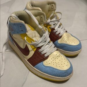 Nike Air Jordan-style High Top Sneakers in Cream, Blue, Yellow & Maroon